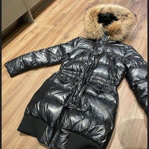 Moncler woman's coat, long down with fur, size 2